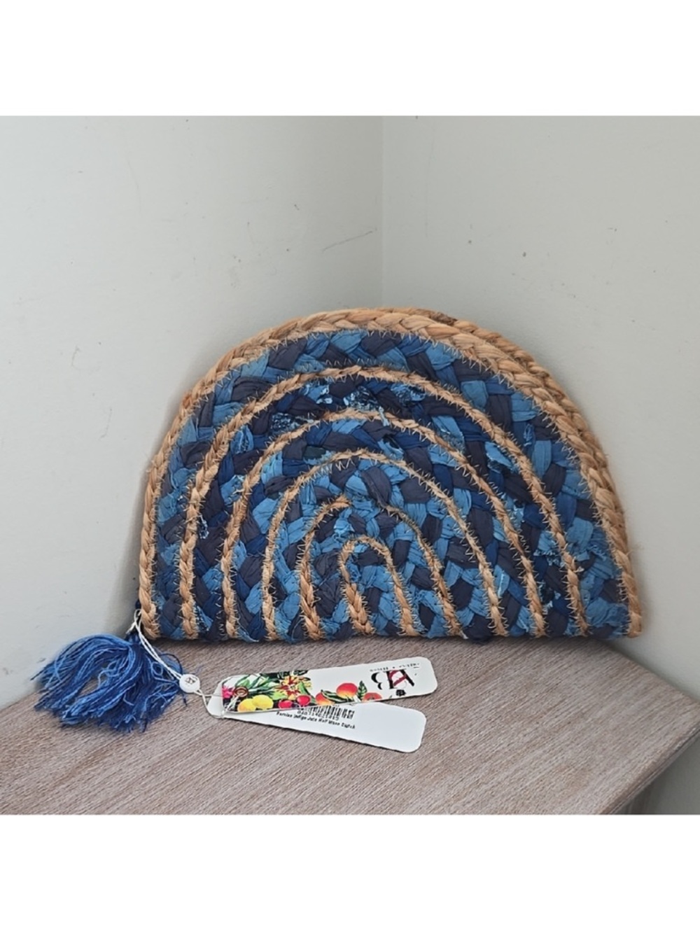 Persian Indigo Jute Half-Moon Clutch with Tassel